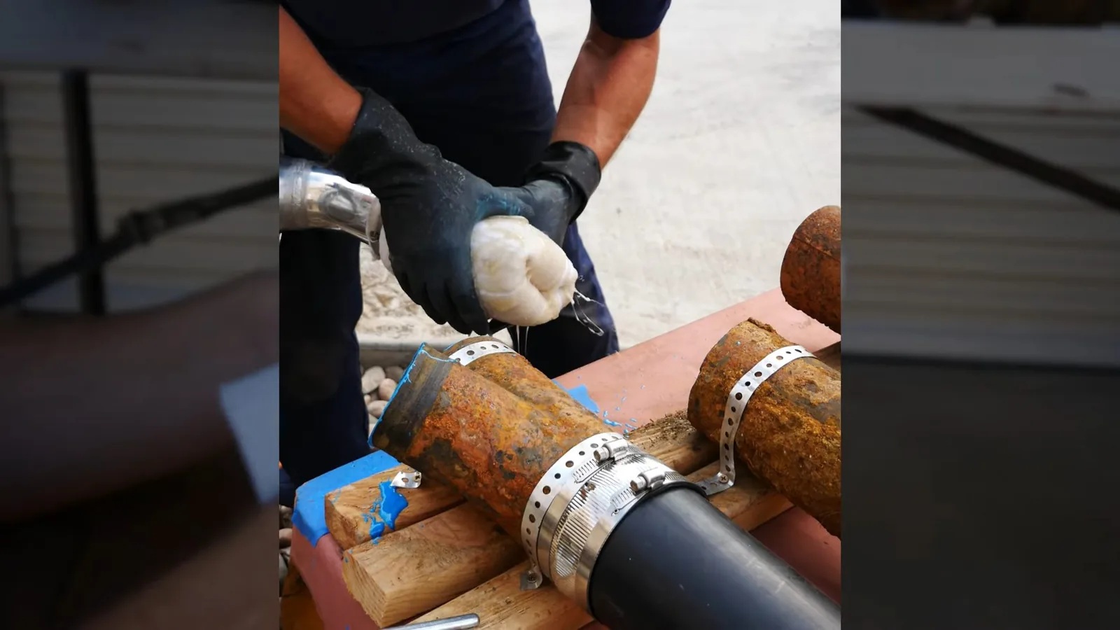 Cast iron pipe compared side by side with its PVC replacement during a service visit in Old Alpharetta