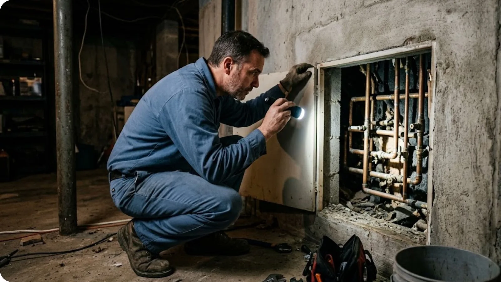 Licensed plumber inspecting supply lines in an Alpharetta home